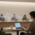 A person sits at a round table using a laptop, with a glass of tea beside them. In the background, four people sit at a long table with laptops, connected by a digital line graph. The room is softly lit.