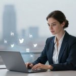 A woman in a business suit works on a laptop at a desk, with social media icons for LinkedIn and Twitter floating beside her. The office background is blurred, showing tall buildings through large windows.