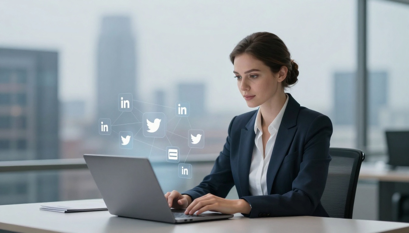 A woman in a business suit works on a laptop at a desk, with social media icons for LinkedIn and Twitter floating beside her. The office background is blurred, showing tall buildings through large windows.