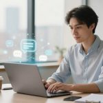 A person in a light blue shirt types on a laptop at a desk, with digital chat icons floating nearby. A potted plant and coffee cup are on the desk.