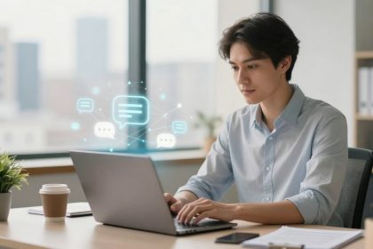 A person in a light blue shirt types on a laptop at a desk, with digital chat icons floating nearby. A potted plant and coffee cup are on the desk.