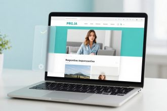 A laptop displaying a website with a header "PRG JA" and a woman in a blue shirt. A transparent overlay with a gear icon is on the left. A plant is in the background.