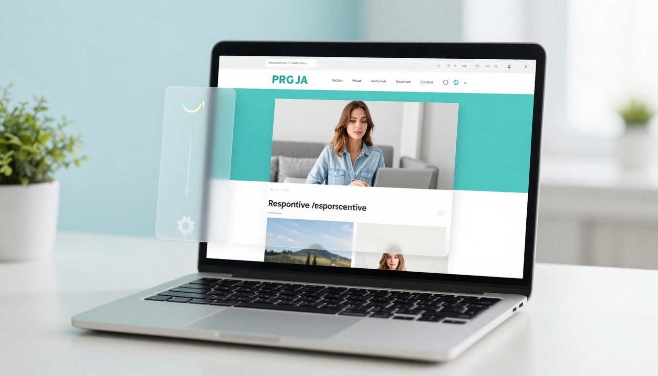 A laptop displaying a website with a header "PRG JA" and a woman in a blue shirt. A transparent overlay with a gear icon is on the left. A plant is in the background.