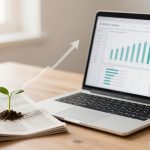 A small green plant sprouts from soil on a folded newspaper beside a laptop displaying bar graphs and charts. A smartphone lies nearby on a wooden table.