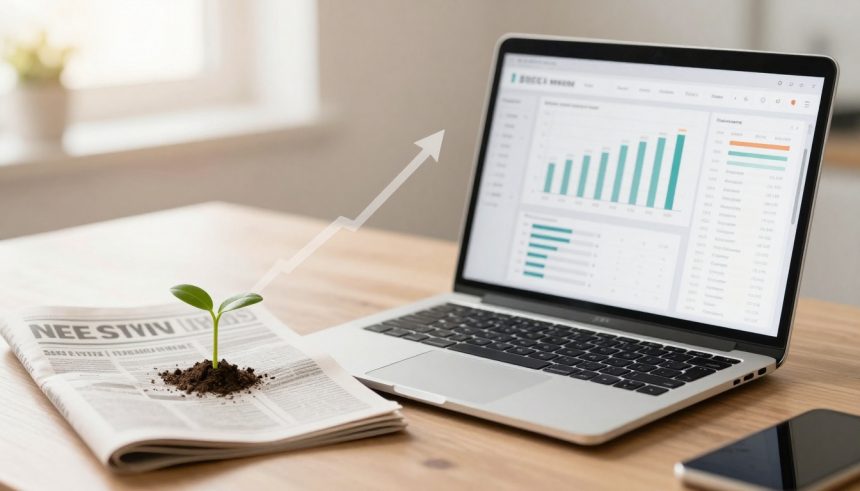 A small green plant sprouts from soil on a folded newspaper beside a laptop displaying bar graphs and charts. A smartphone lies nearby on a wooden table.