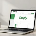 A laptop displaying a website labeled "Shopfy" on the screen, placed on a light wooden table. To the left, there's a steaming white mug. To the right, a brown leather handbag is visible. The background is neutral with a faint upward arrow graphic.