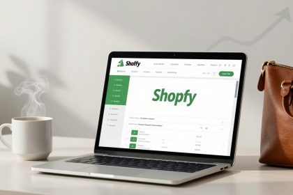 A laptop displaying a website labeled "Shopfy" on the screen, placed on a light wooden table. To the left, there's a steaming white mug. To the right, a brown leather handbag is visible. The background is neutral with a faint upward arrow graphic.