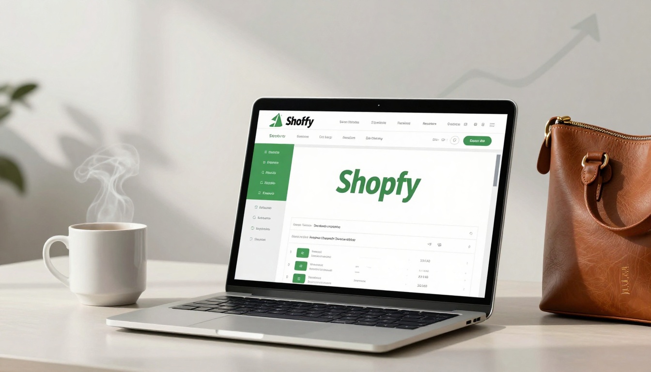 A laptop displaying a website labeled "Shopfy" on the screen, placed on a light wooden table. To the left, there's a steaming white mug. To the right, a brown leather handbag is visible. The background is neutral with a faint upward arrow graphic.