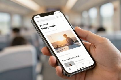 A hand holds a smartphone displaying a website with text and an image of a person sitting cross-legged at sunset. The background is a blurred interior of a train with passengers.