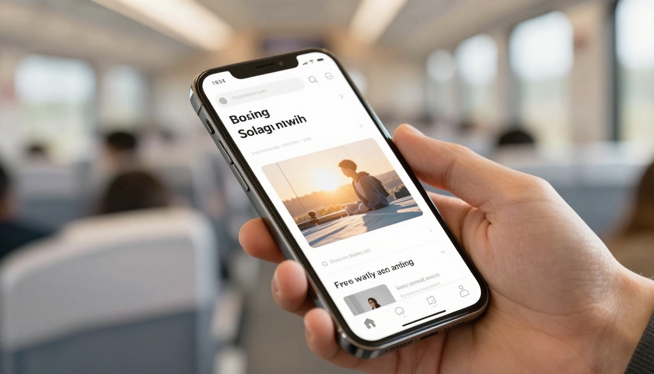 A hand holds a smartphone displaying a website with text and an image of a person sitting cross-legged at sunset. The background is a blurred interior of a train with passengers.