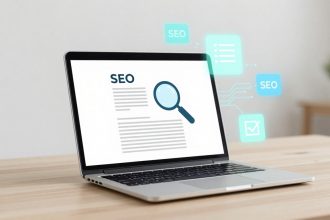 A laptop on a wooden desk displays an SEO document with a magnifying glass icon. Digital SEO icons hover nearby.