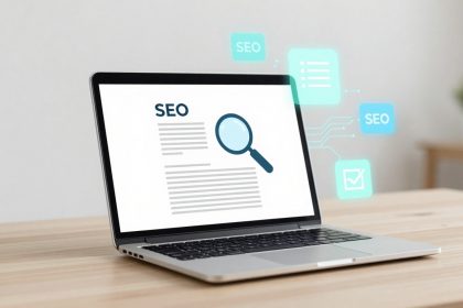 A laptop on a wooden desk displays an SEO document with a magnifying glass icon. Digital SEO icons hover nearby.