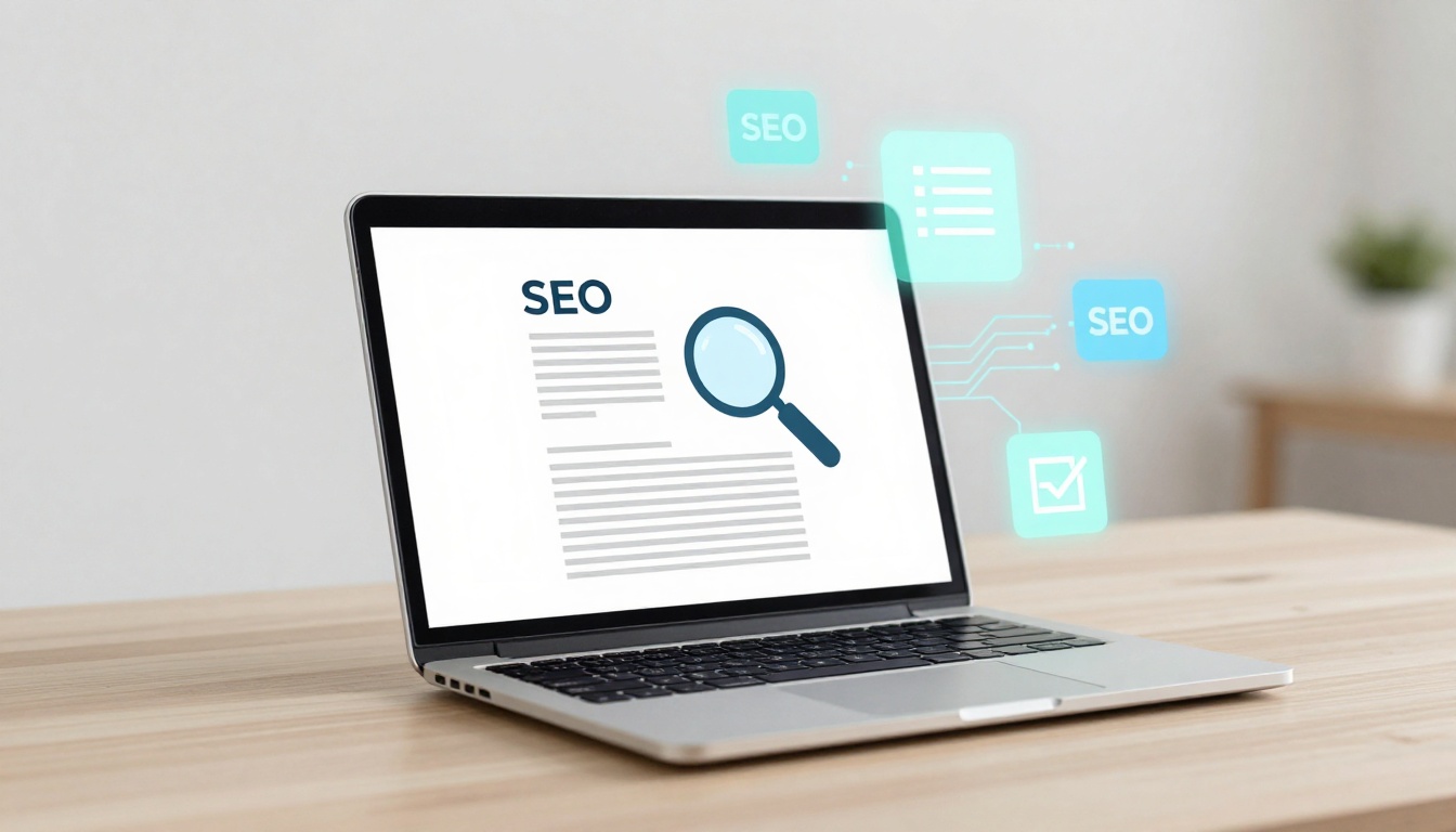 A laptop on a wooden desk displays an SEO document with a magnifying glass icon. Digital SEO icons hover nearby.