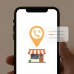 A hand holds a smartphone displaying an app screen. The screen shows a yellow location pin with a phone icon above a small storefront with a red and white awning. A speech bubble with lines and colored dots is on the right.