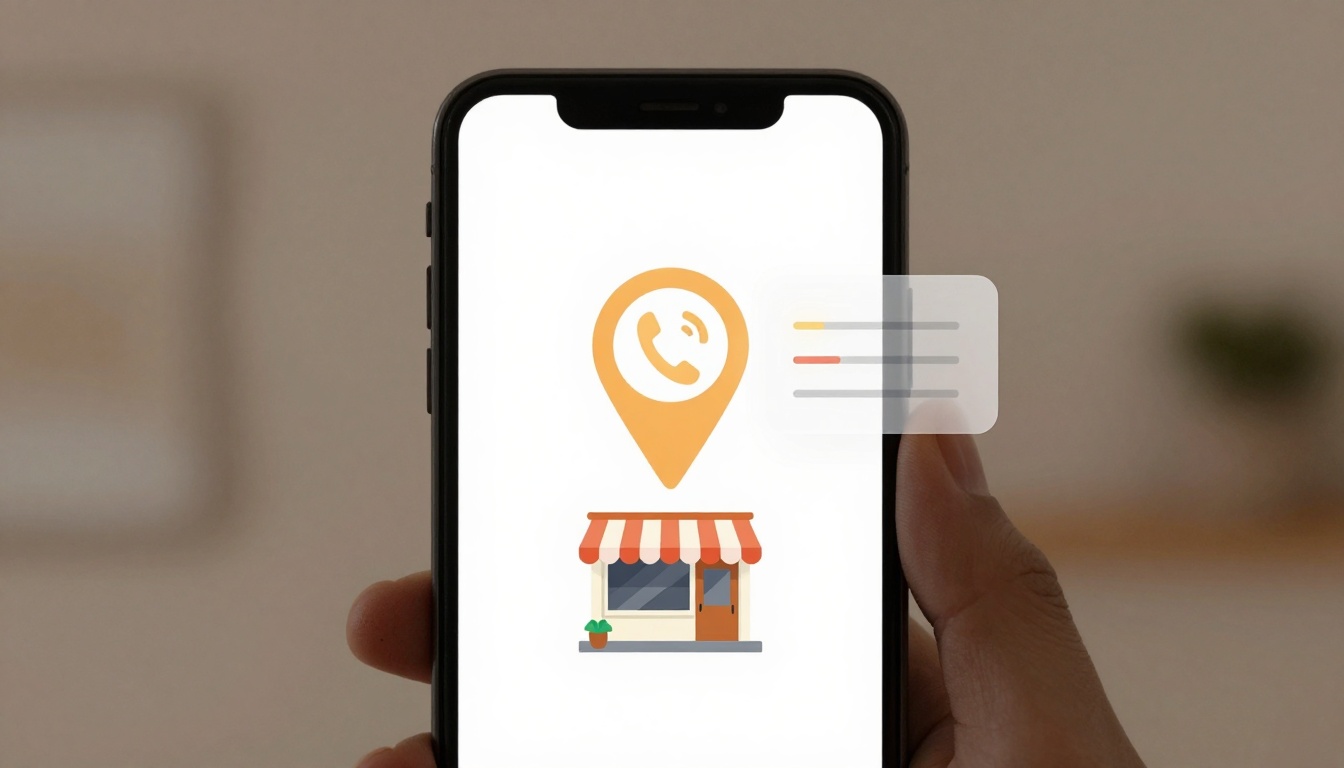 A hand holds a smartphone displaying an app screen. The screen shows a yellow location pin with a phone icon above a small storefront with a red and white awning. A speech bubble with lines and colored dots is on the right.