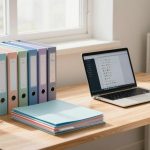 A tidy desk with a laptop displaying icons, colorful binders, stacked folders, a potted plant, and a white mug, near a sunny window.