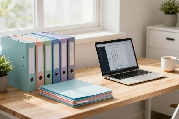 A tidy desk with a laptop displaying icons, colorful binders, stacked folders, a potted plant, and a white mug, near a sunny window.