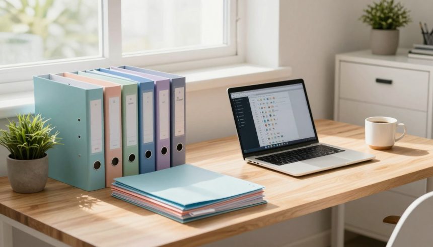 A tidy desk with a laptop displaying icons, colorful binders, stacked folders, a potted plant, and a white mug, near a sunny window.