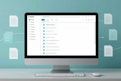 A desktop computer displaying a file management application on the screen, featuring a sidebar with icons and a list of documents. The background is teal with floating document icons connected by lines, suggesting file sharing or organization. A keyboard and mouse are on the desk.