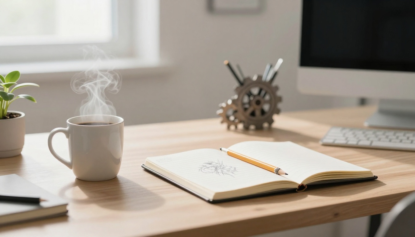 A steaming cup of coffee sits on a wooden desk beside an open notebook with a pencil and sketch. A small plant and computer monitor are in the background.