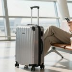 A person in a beige outfit sits on an airport bench, looking at a smartphone. A silver suitcase is nearby. A coffee cup, a small patterned bag, and a scarf are on the bench. Large windows reveal the airport background.