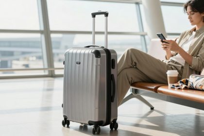 A person in a beige outfit sits on an airport bench, looking at a smartphone. A silver suitcase is nearby. A coffee cup, a small patterned bag, and a scarf are on the bench. Large windows reveal the airport background.