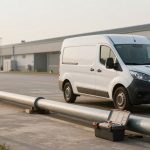 A white delivery van is parked on a concrete road near a large industrial building. A metal pipe runs along the ground, and an open black toolbox is in the foreground. The sky is overcast, and the setting appears industrial or commercial.