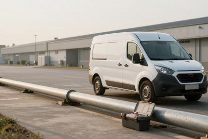 A white delivery van is parked on a concrete road near a large industrial building. A metal pipe runs along the ground, and an open black toolbox is in the foreground. The sky is overcast, and the setting appears industrial or commercial.