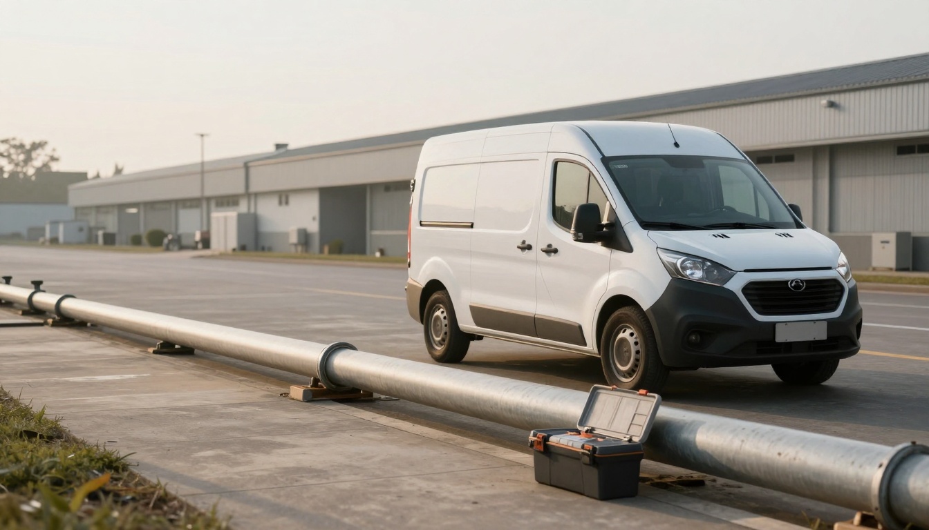 A white delivery van is parked on a concrete road near a large industrial building. A metal pipe runs along the ground, and an open black toolbox is in the foreground. The sky is overcast, and the setting appears industrial or commercial.