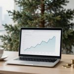 A laptop displaying an upward-trending graph sits on a wooden table with a cup of coffee and stacks of coins. A potted pine tree is in the background.