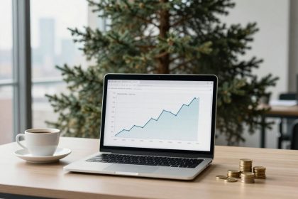 A laptop displaying an upward-trending graph sits on a wooden table with a cup of coffee and stacks of coins. A potted pine tree is in the background.