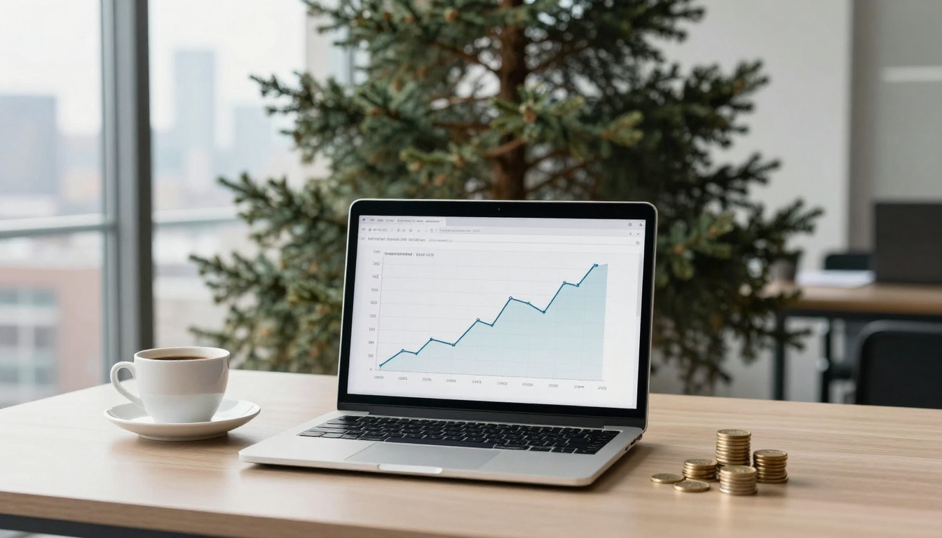 A laptop displaying an upward-trending graph sits on a wooden table with a cup of coffee and stacks of coins. A potted pine tree is in the background.
