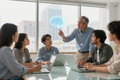A group of five people in a conference room, with laptops on a table. An older man is pointing at a holographic brain projection.