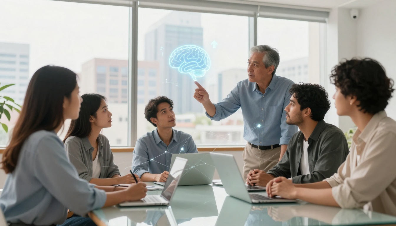A group of five people in a conference room, with laptops on a table. An older man is pointing at a holographic brain projection.