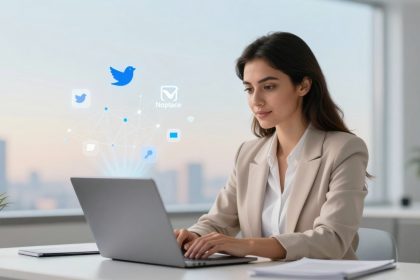 A woman in a beige blazer uses a laptop in a bright office. Digital icons for social media and email float above the laptop.