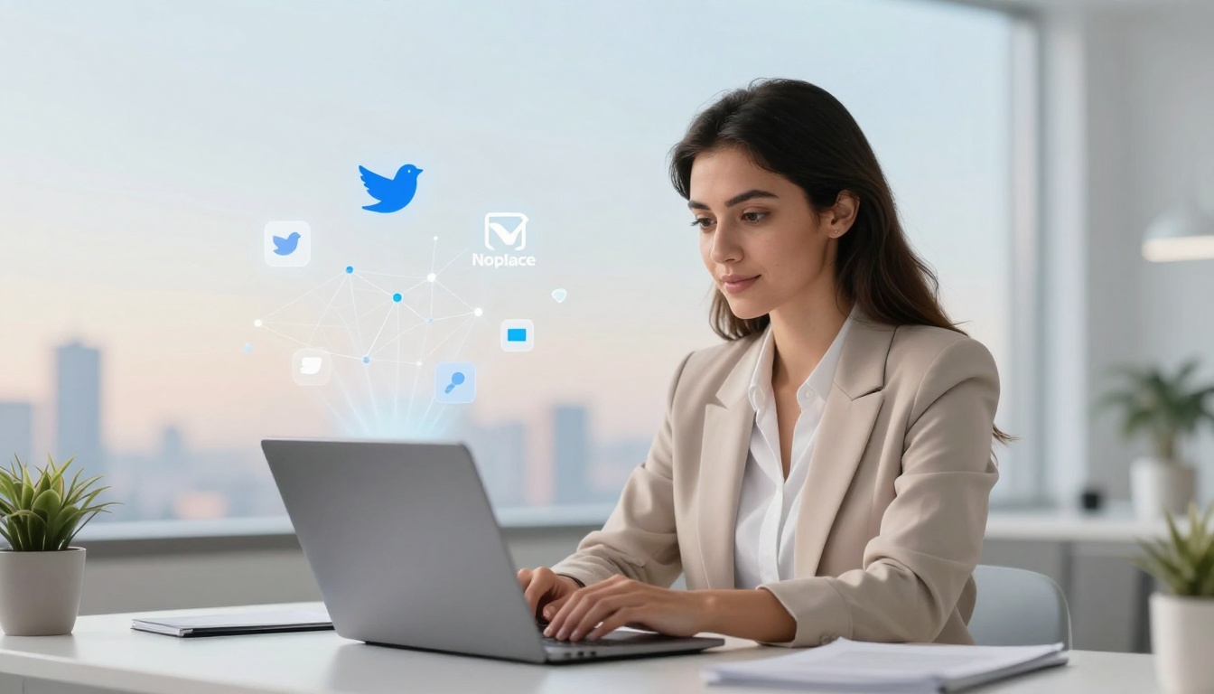A woman in a beige blazer uses a laptop in a bright office. Digital icons for social media and email float above the laptop.