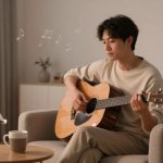 A person in a beige sweater plays an acoustic guitar while seated on a sofa. Sheet music is on a stand, and a cup is on a table. Musical notes float in the air, and the room has a soft, neutral decor.