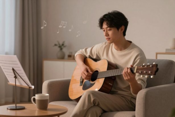 A person in a beige sweater plays an acoustic guitar while seated on a sofa. Sheet music is on a stand, and a cup is on a table. Musical notes float in the air, and the room has a soft, neutral decor.