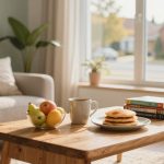 A cozy living room with a wooden coffee table holding a plate of pancakes, a mug, and a bowl of fruit. Books are stacked nearby. A beige sofa with pillows and a large window with a view of houses and greenery in the background.