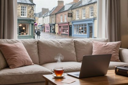 A cozy living room with a beige sofa and pink cushions. A steaming cup of tea and an open laptop rest on a wooden coffee table. Through the window, a rainy street with colorful shops and a person walking with an umbrella is visible.