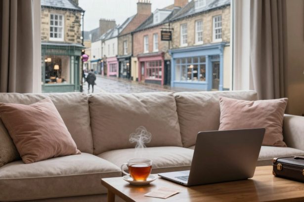 A cozy living room with a beige sofa and pink cushions. A steaming cup of tea and an open laptop rest on a wooden coffee table. Through the window, a rainy street with colorful shops and a person walking with an umbrella is visible.