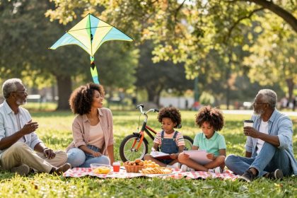 A family sits on a red checkered picnic blanket in a park. Two adults and two children are engaged in conversation and drawing. A bicycle and kite are nearby, with trees in the background.