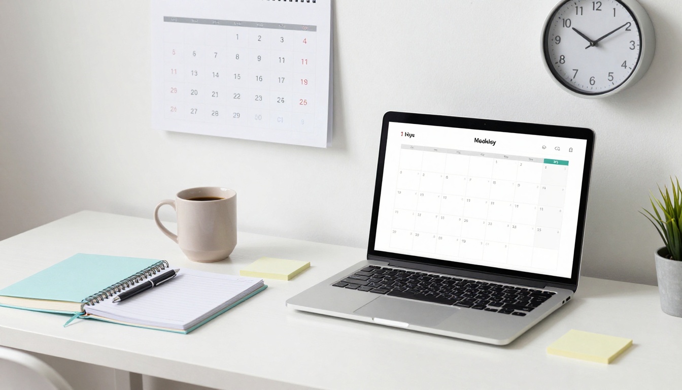 A laptop displaying a calendar is on a white desk. Nearby are a notebook with a pen, a mug, sticky notes, and a small potted plant. A wall calendar and clock are mounted above.