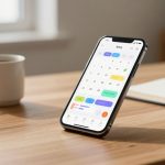 A smartphone displaying a colorful calendar app is propped up on a wooden table. Beside it, there is a white mug and an open notebook with a pen. A window in the background allows natural light to illuminate the scene.