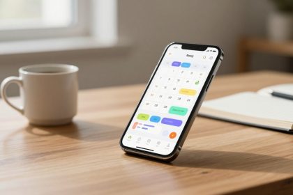 A smartphone displaying a colorful calendar app is propped up on a wooden table. Beside it, there is a white mug and an open notebook with a pen. A window in the background allows natural light to illuminate the scene.