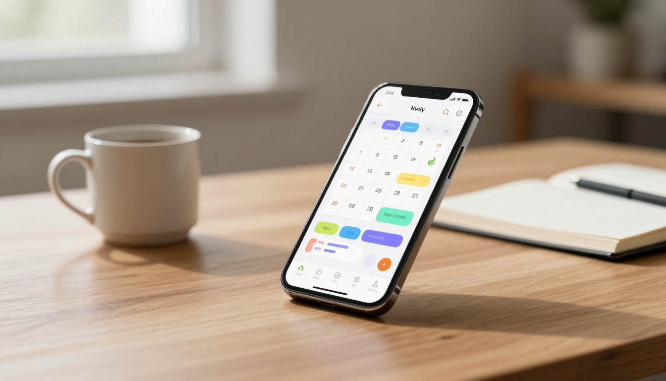 A smartphone displaying a colorful calendar app is propped up on a wooden table. Beside it, there is a white mug and an open notebook with a pen. A window in the background allows natural light to illuminate the scene.