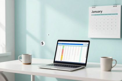 A laptop displaying a spreadsheet is on a white desk with two coffee mugs. A wall calendar shows January, and a window lets in light.
