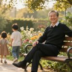 An older man in a black sweater sits smiling on a wooden bench in a garden. Three children walk on a path nearby, surrounded by colorful flowers.