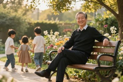 An older man in a black sweater sits smiling on a wooden bench in a garden. Three children walk on a path nearby, surrounded by colorful flowers.