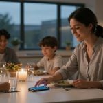 A family of four sits around a dining table, smiling. A woman touches a smartphone. A candle and glasses of water are on the table.